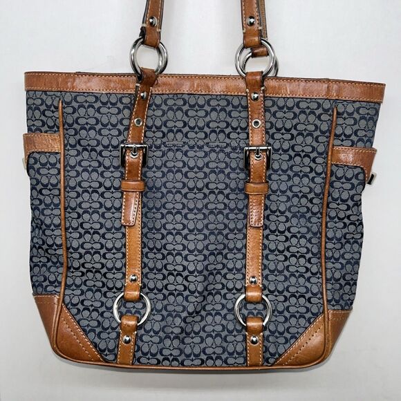 Coach Gallery Navy Blue Monogram W/ British Tan Leather Shoulder Tote F11526 - Picture 1 of 16